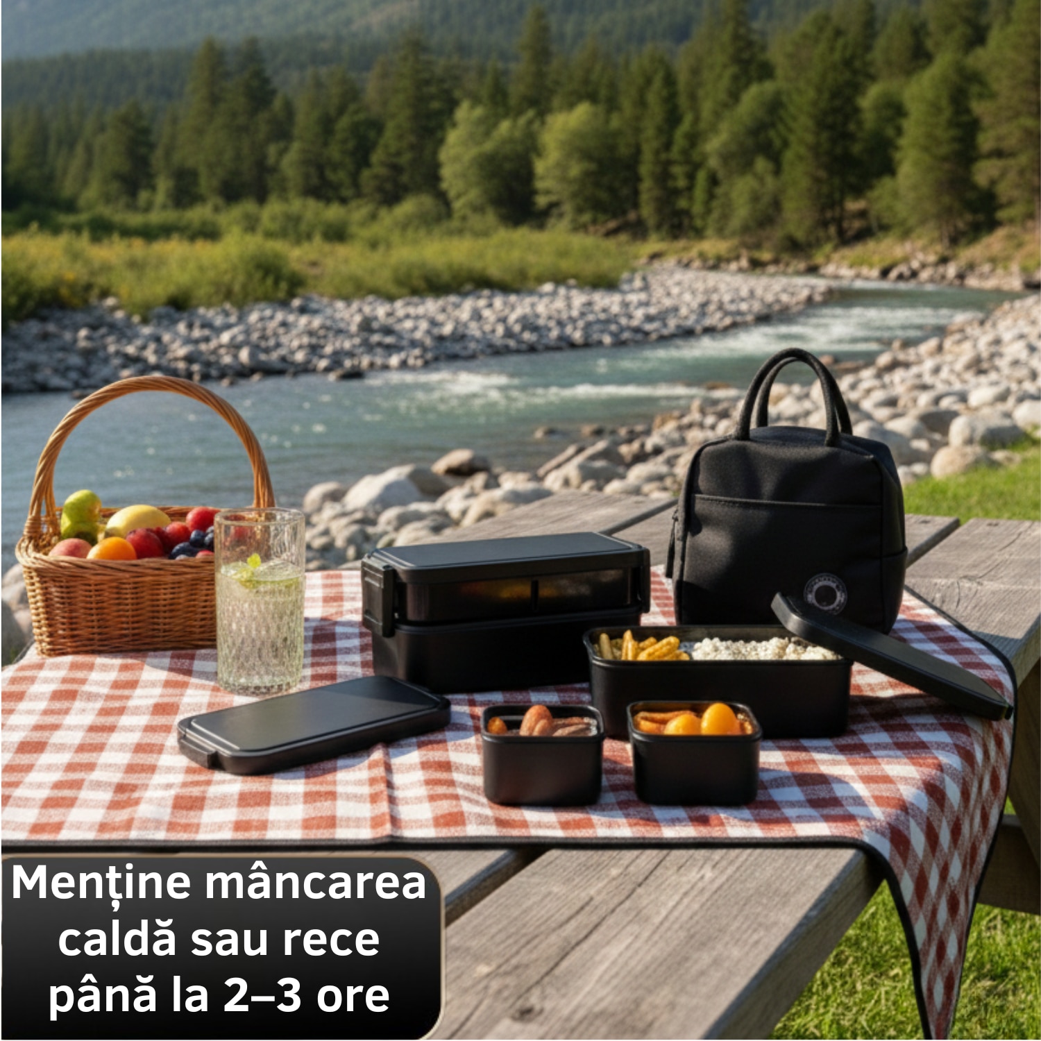 Set Caserole Inox, 800ml, 2 straturi, Negru Mat, Geanta