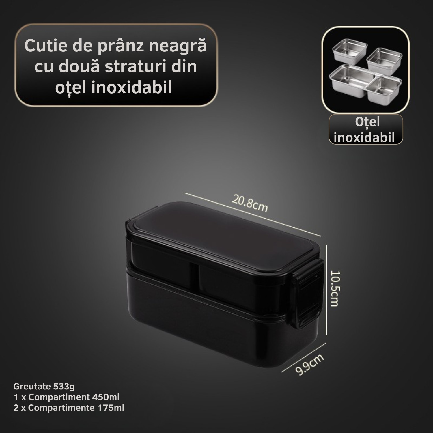 Set Caserole Inox, 800ml, 2 straturi, Negru Mat, Geanta