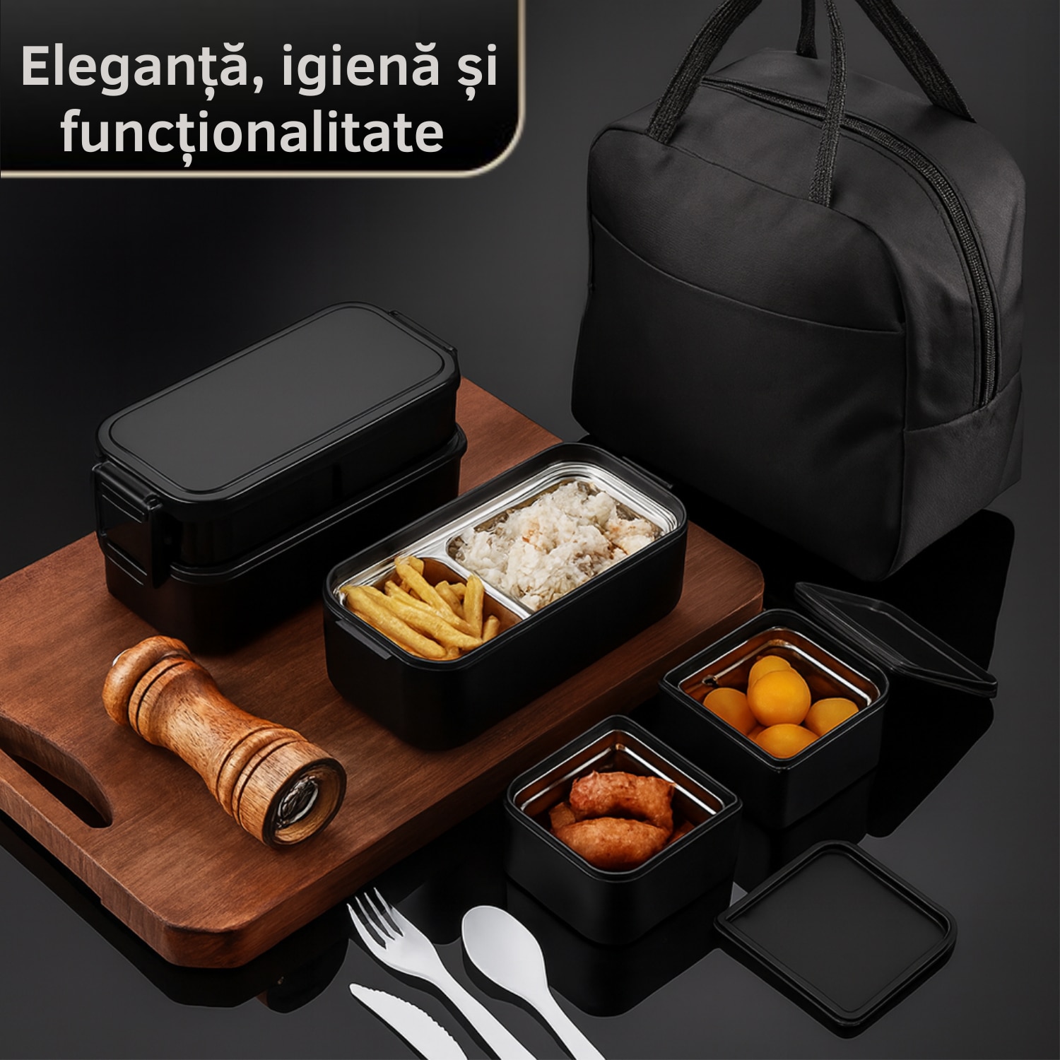 tifho　2個セット Set Caserole Inox, 800ml, 2 straturi, Negru Mat, Geanta