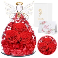 Set 3 trandafiri cu lumini LED, Tressino, Baza din lemn masiv, Flori conservate, Se pastreaza 3-5 ani, Cutie cadou, Decoratii din sticla, Pentru cadouri aniversare, Carte de vizita inclusa, 10*15cm, Rosu