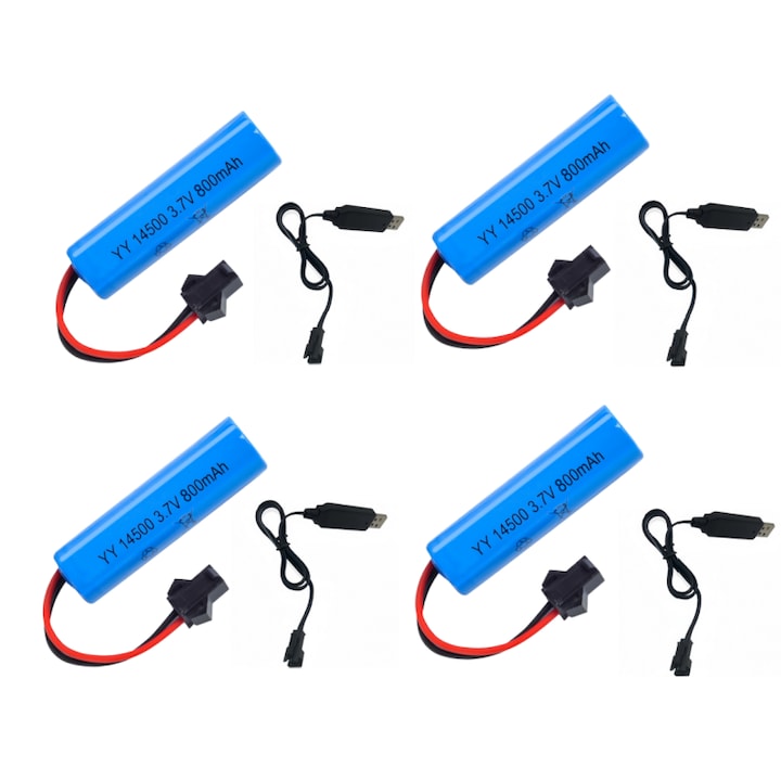 Baterii reincarcabile 14500, set de 4 bucati, 3, 7 V 800 mAh, include 4 incarcatoare USB si conectori SM-2P, potrivite pentru o gama larga de dispozitive