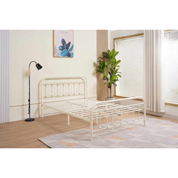 Pat Metalic, MOBATELIER®, 140x200 Cm, Pat Metalic Cu Cadru Din Otel Rezistent Si Lamele Metalice Durabile Pentru Suport Stabil Saltea, Design Elegant Pentru Dormitor Modern, Structura Metalica Robusta Cu Montaj Usor Si Stabilitate Ridicata, Alb