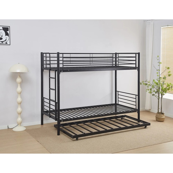 Pat Supraetajat, MOBATELIER®, 90x200 Cm, Pat Supraetajat 3 In 1 Cu Cadru Metalic Din Otel Robust, Pat Suplimentar Rulant Pe Roti, Scara Laterala Integrata, Balustrade Siguranta, Lamele Metalice Durabile Pentru Suport Saltea, Negru