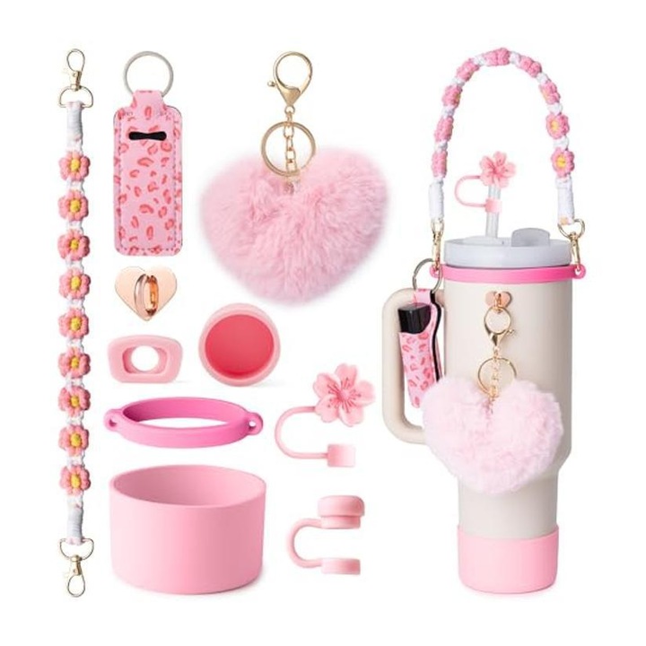 Set de accesorii pentru Stanley Cup, ZOUN, 8 piese, potrivit pentru 40 oz, realizat manual, rezistent la cadere, antiderapant, amortizor de socuri, durabil, protector, maner, silicon, roz