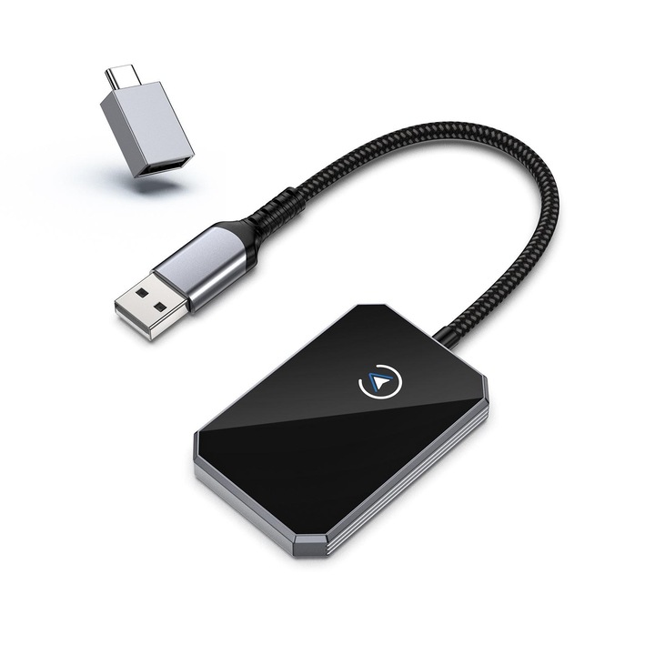 Безжичен адаптер две-в-едно за кола, ZOUN, Apple CarPlay, Android Auto, съвместим с iOS/Android, Type-C и USB портове, Wi-Fi 5,8 GHz, автоматично свързване при доближаване, plug-and-play, черен