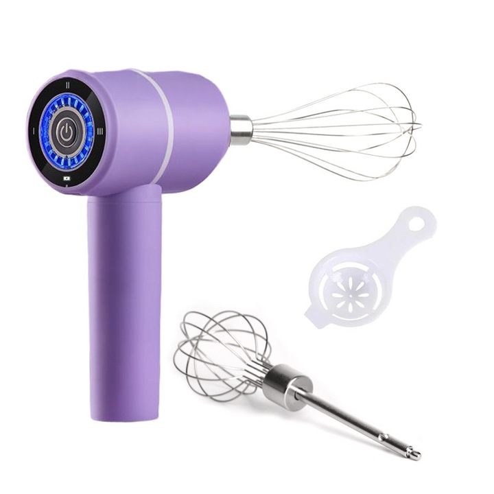Мини електрически миксер за яйца, Golxmse, безжичен, 20W, 2 бъркалки от неръждаема стомана, три скорости, лилав