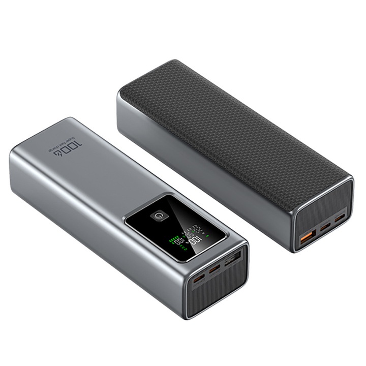 Baterie Externa Portabila AHA PRINT®, Powerbank cu Incarcare Simultana Rapida PREMIUM, Putere Acumulator 20.000 mAh, 1 x USB, 2 x USB-C PD, Putere 100W MAX, Telefon, Tableta, Laptop, Macbook, Casti, Samsung, Apple, pentru Avion, Type C, Gri