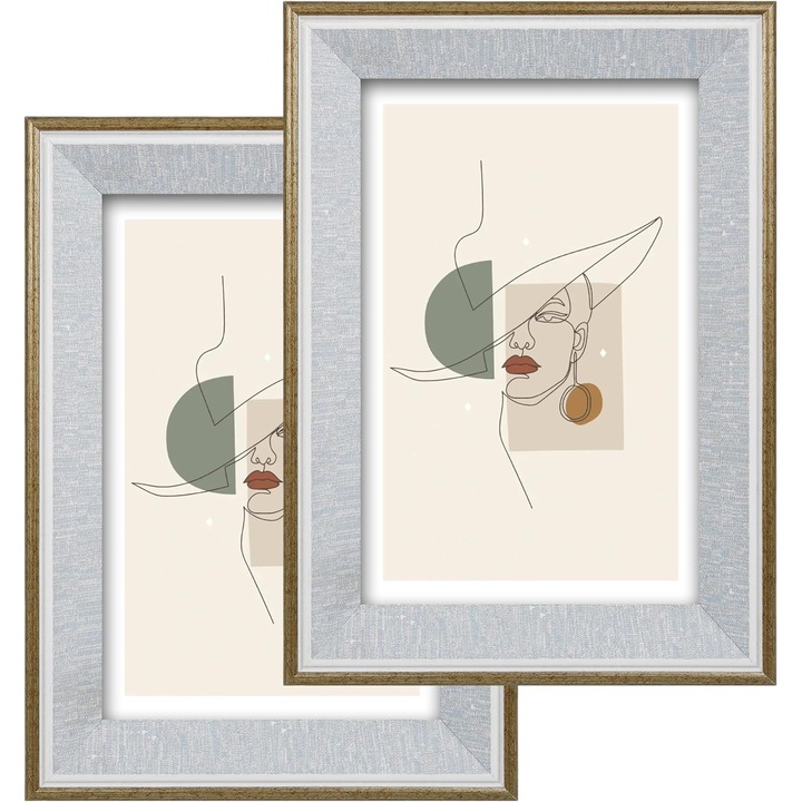 Set de 2 rame foto 4x6 cu margini gri si aurii – Material plastic durabil, protectie plexiglas, expunere verticala/orizontala