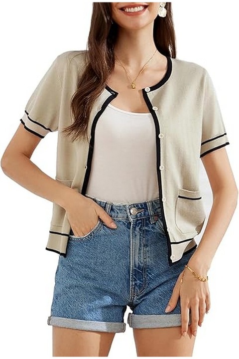 Cardigan cu maneca scurta si contrastant pentru femei, casual, apricot, GRACE KARIN, Apricot