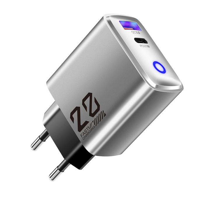 Többportos töltő, 2 portos, 20W-os gyorstöltéssel, 1 USB port + 1 Type-C port, PD protokoll támogatással, univerzális többportos kialakítás, kompatibilis mobiltelefonokkal, okosórákkal, iPhone, Huawei, Samsung, Xiaomi, Ezüst