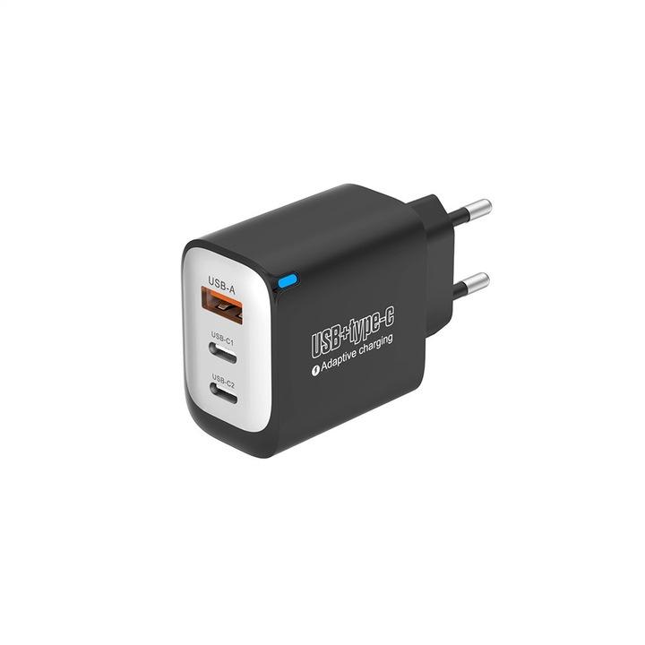 Incarcator multiport, 3 porturi cu incarcare rapida de 5V2.4A, 1 port USB + 2 port Type-C, accepta protocolul PD, design universal multiport, compatibil cu telefoane mobile, smartwatch-uri, iPhone, Huawei, Samsung, Xiaom, Negru
