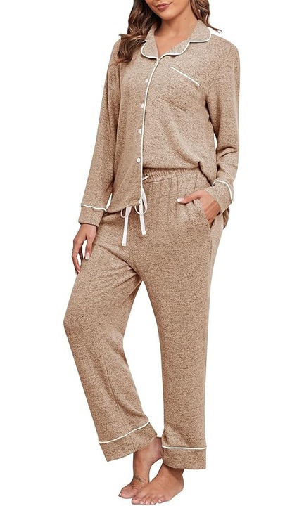 Pijama Premium pentru Femei din Material Moale – Set 2 Piese (Bluza cu Nasturi + Pantaloni Lungi) – Ideala pentru Somn, Culoare Maro, Marimea XL