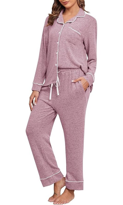 Pijama Premium pentru Femei din Material Moale – Set 2 Piese (Bluza cu Nasturi + Pantaloni Lungi) – Ideala pentru Somn, Culoare Roz, Marimea 2XL
