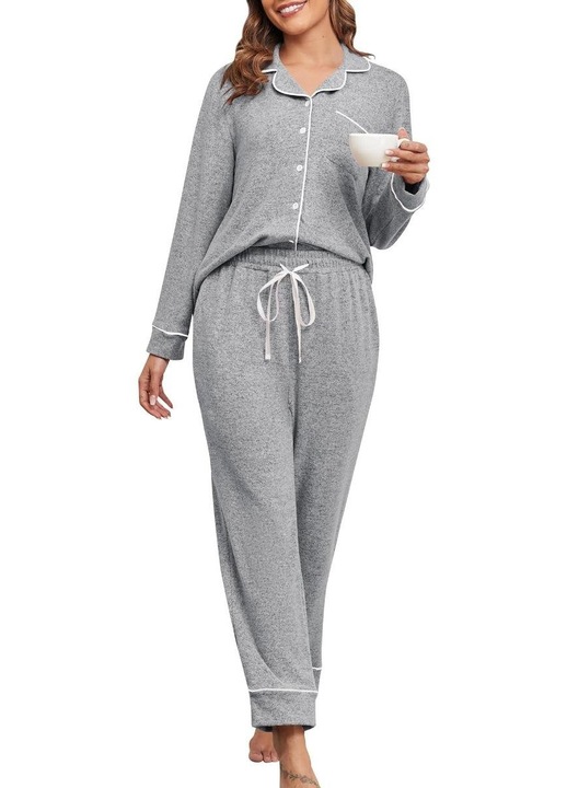 Pijama Premium pentru Femei din Material Moale – Set 2 Piese (Bluza cu Nasturi + Pantaloni Lungi) – Ideala pentru Somn, Culoare Gri, Marimea 2XL