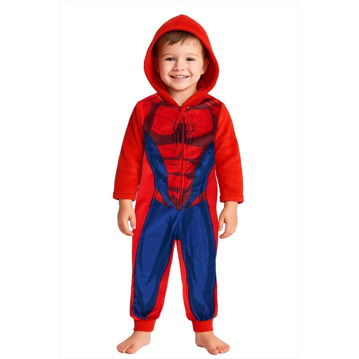 Pijama intreaga pufoasa tip Overall Spiderman 34034, Rosu