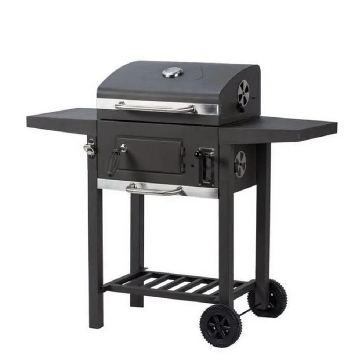 Gratar cu Fumator Barbecue Portabil pe Carbune, Capac Ajustabil, Gratarul si Termometru Integrat 100cm, Culoare Negru
