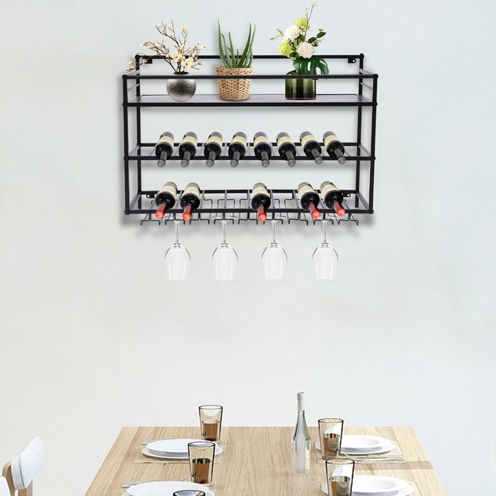 Suport vinuri montabil pe perete, 3 niveluri, 80*25*55cm, Cadou ideal pentru iubitorii de vin, Culoare Negru