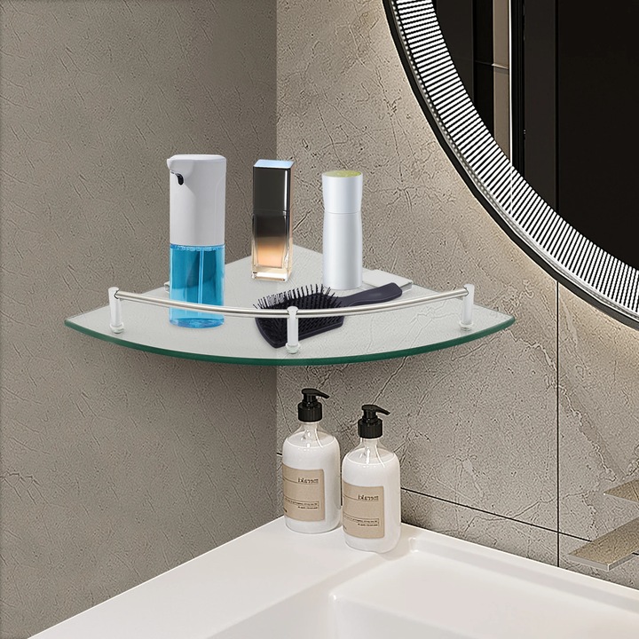 Raft de colt pentru dus, Triunghiular montat pe perete, Sticla securizata, Rama din otel inoxidabil, Un nivel, Montaj cu dibluri, Alb