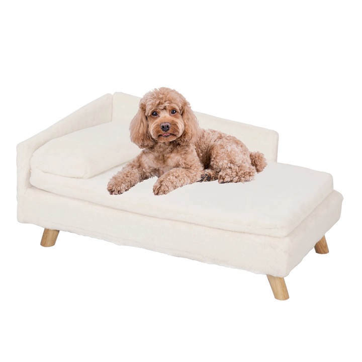 Patut Elevat pentru Animale de Companie cu Picioare din Lemn Masiv, Sofa L Shape pentru Interior, Tapiterie Moale Bej, Forma de L