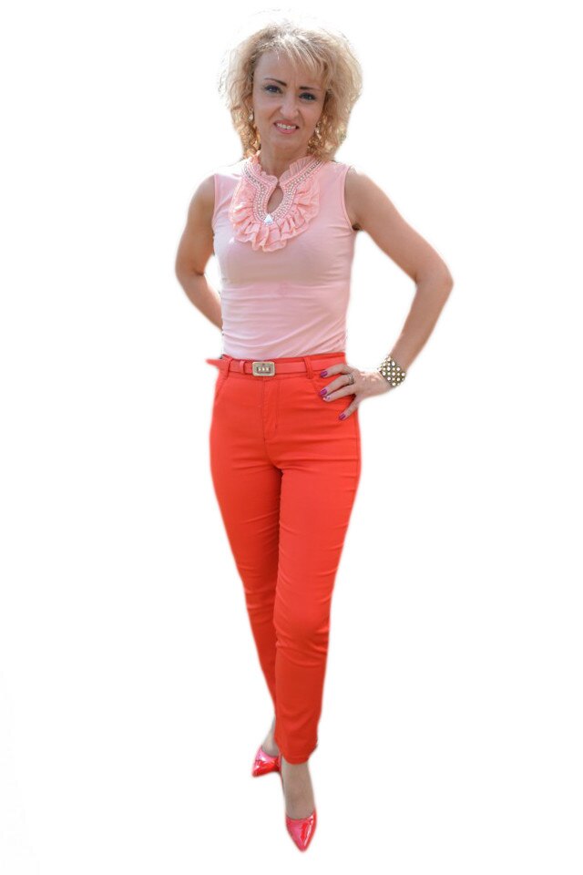 Pantaloni de zi, aplicatii de strasuri la buzunare, D&J Exclusive, Rosu