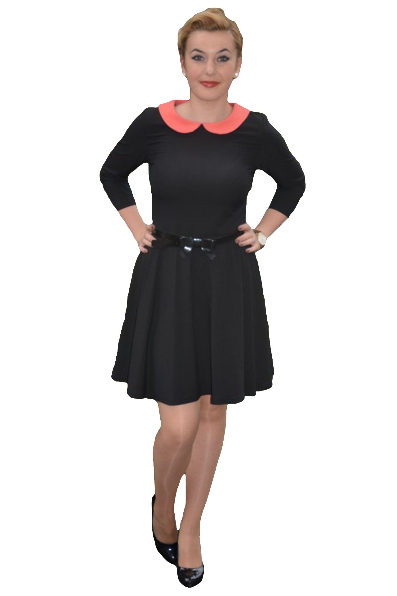 Rochie cu guler si maneca trei-sferturi,D&J Exclusive, Negru-corai