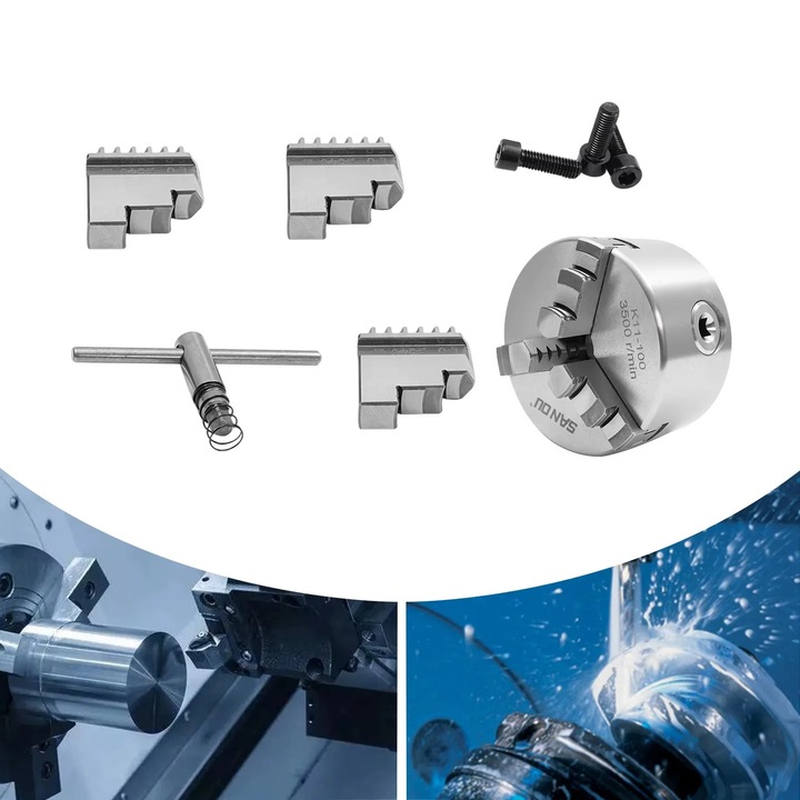 Mandrina Auto-Centranta 3-Brate, Set Scule cu Cheie, 100mm, Pentru Strunjire, Frezare, Gaurire, Blocare Ajustabila, Diametru 80/100/125mm