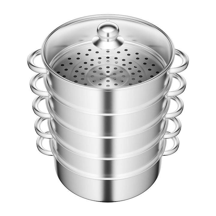 Set Oale pentru Gatit cu Abur din Otel Inoxidabil, 5 Nivele, 28cm, Asezare Suprapusa, Capac din Sticla, Culoare Argintie