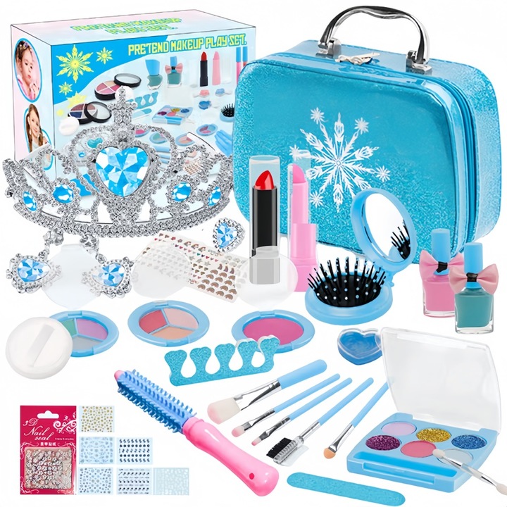 Set Machiaj pentru Copii, Frozen, Albastru, include farduri, rujuri, bijuterii, valiza portabila