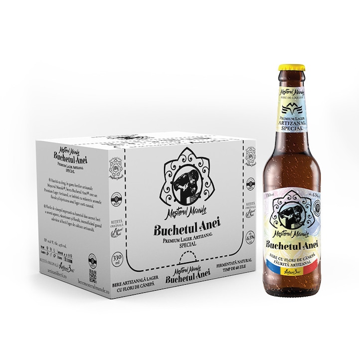 Bere artizanală Mesterul Manole Buchetul Anei Lager, cu flori de cânepă, blonda, set 24 sticle, 24x330 ml