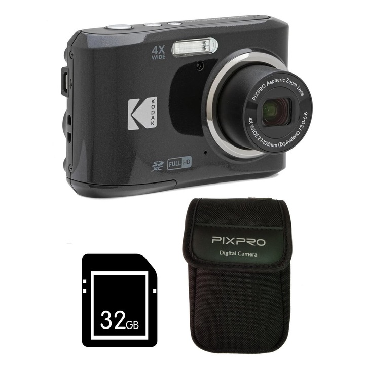 Pachet Aparat Foto Kodak PixPro FZ45, 16 MP, Zoom 4X, Vlogging, Full HD – 1080p, Negru, include geanta transport si card 32 GB