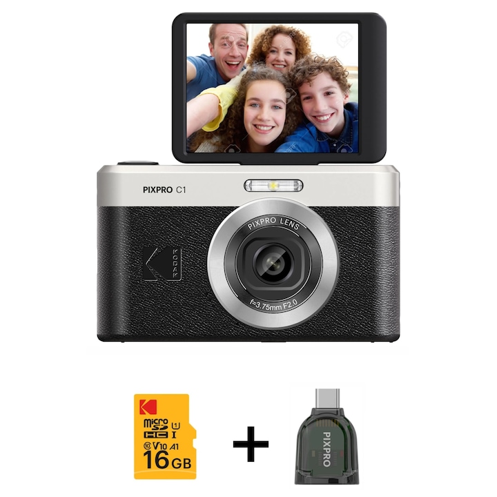 Фотоапарат KODAK PIXPRO C1 Retro Vlogging Camera, Full HD Flip Screen, 13MP, 4x Zoom, Черен, Включва 16GB Kodak карта и четец за карти