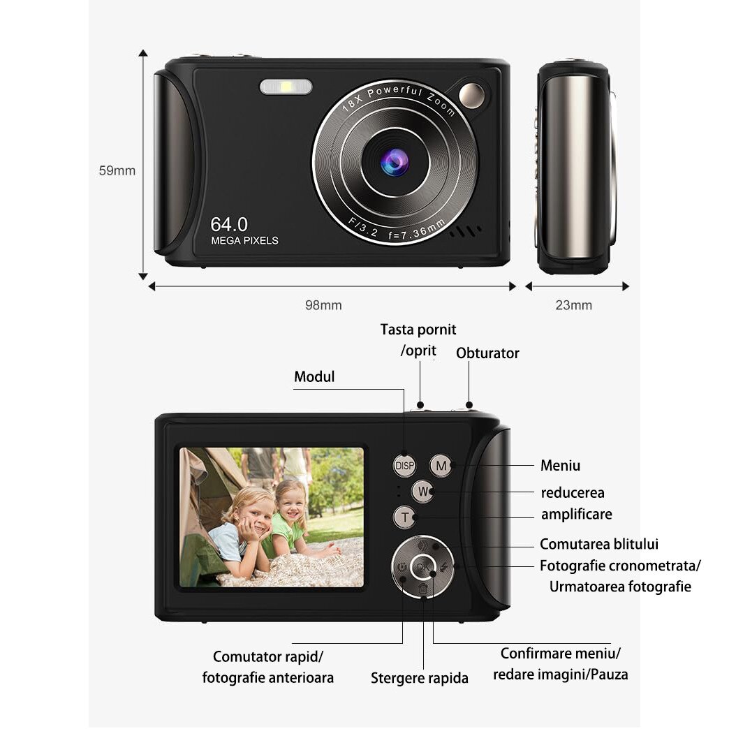 Aparat foto digital, 1080P, 64MP, zoom digital 18X, inregistrare