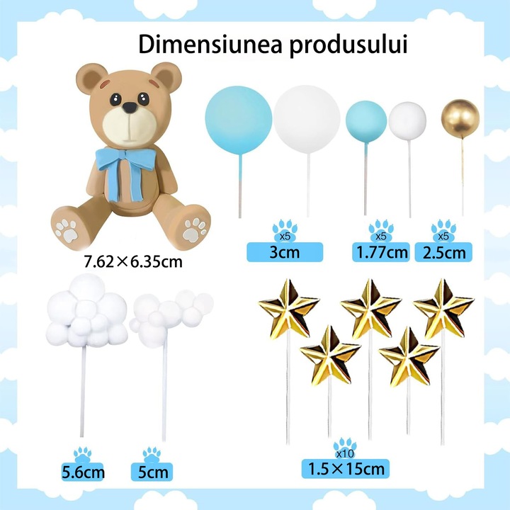 Комплект 38 декорации за торта "Синьо мече" за украса на торти, сладоледи, десерти, лесни за декориране, за многократна употреба, за рождени дни и други поводи, OUYLAF, син