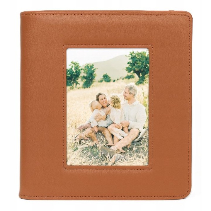 Fénykép album, love instant, 10 x 15 cm, 160 fénykép, fotózsebek, ablak a borítón, szalagos záródás, műbőr, barna, ökológiai bőr anyag, 40 lap (80 oldal), méretek 21 cm x 23,5