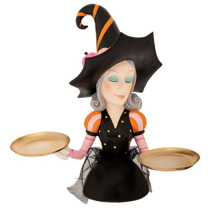 Dekoratív boszorkány figura két arany tálcával, Halloween dekoráció