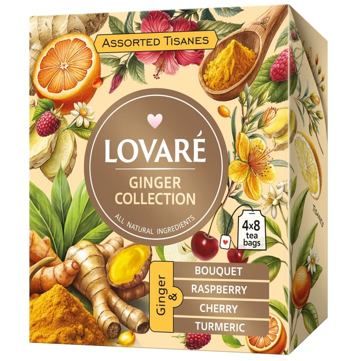 Ceai asortat Ginger Collection, Lovare, set 32 pliculete, 4 arome, plante, 125 g