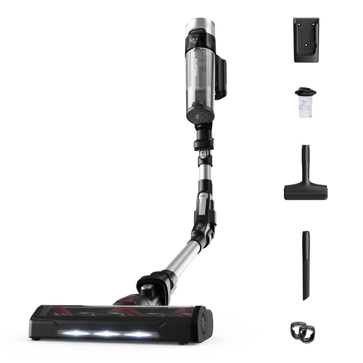 Aspirator vertical fara fir X-Force Flex 9.60 Allergy RH2036WO, 250W, functie Boost, perie cu iluminare LED, filtrare 99.9%, recipient praf 0.44L, tehnologie Flex, panou SmartControl Display, suport de perete cu incarcare, negru & gri