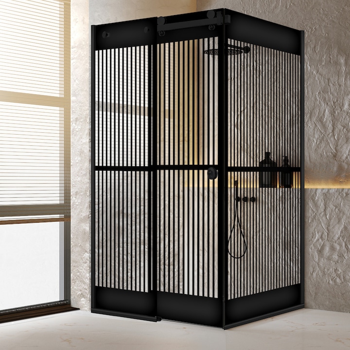 Cabina dus cu usa glisanta Glissando Pure Black, model Mediteran negru, feronerie full inox negru mat, sticla clara, securizata, 90x140 cm, inaltime 205 cm