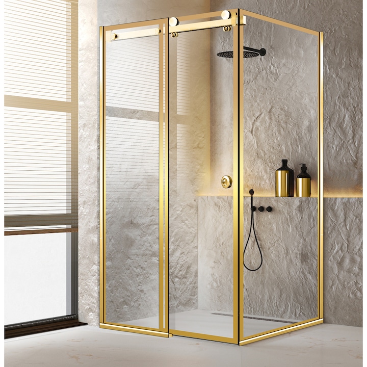 Cabina dus cu usa glisanta Glissando Pure Gold, model Frame auriu, feronerie full inox auriu, sticla clara, securizata, 80x100 cm, inaltime 205 cm