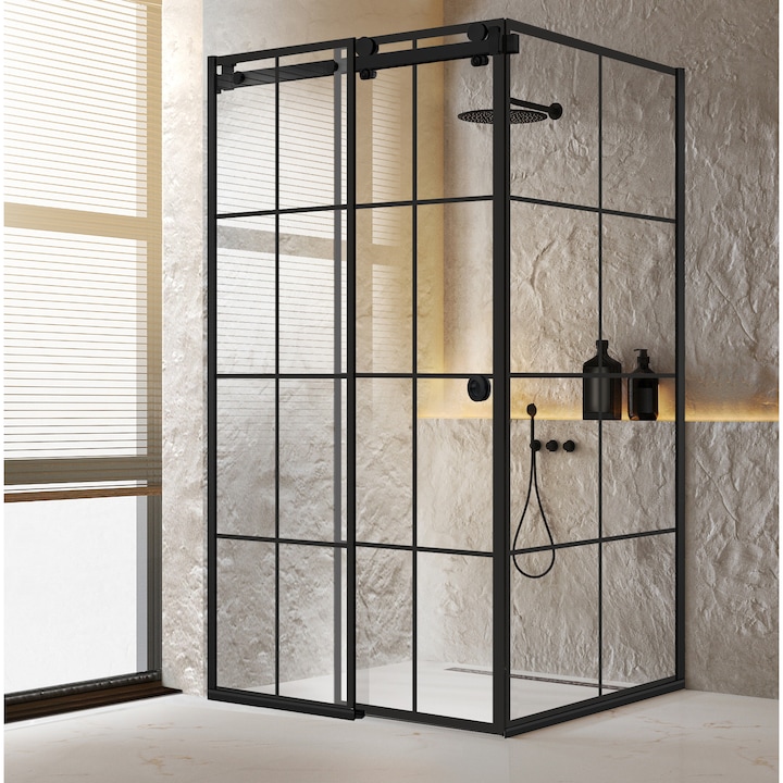 Cabina dus cu usa glisanta Glissando Pure Black, model Mode negru, feronerie full inox negru mat, sticla clara, securizata, 80x120 cm, inaltime 205 cm