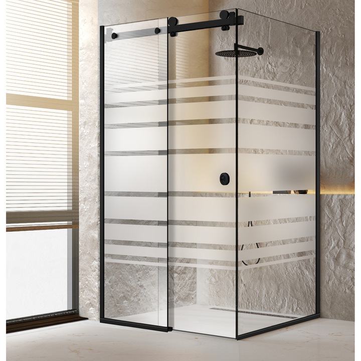 Cabina dus cu usa glisanta Glissando Pure Black, model Multiline incolor, feronerie full inox negru mat, sticla clara, securizata, 80x100 cm, inaltime 205 cm