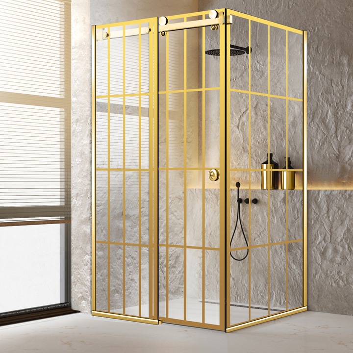 Cabina dus cu usa glisanta Glissando Pure Gold, model Rank auriu, feronerie full inox auriu, sticla clara, securizata, 80x140 cm, inaltime 205 cm