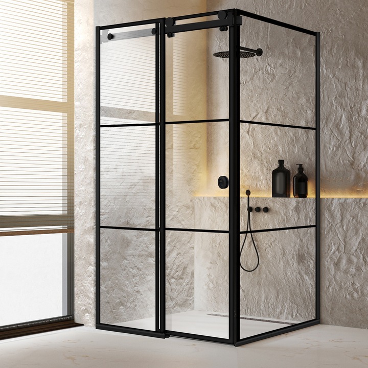 Cabina dus cu usa glisanta Glissando Pure Black, model Vintage negru, feronerie full inox negru mat, sticla clara, securizata, 90x120 cm, inaltime 205 cm