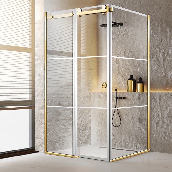 Cabina dus cu usa glisanta Glissando Pure Gold, model Vintage incolor, feronerie full inox auriu, sticla clara, securizata, 80x90 cm, inaltime 205 cm