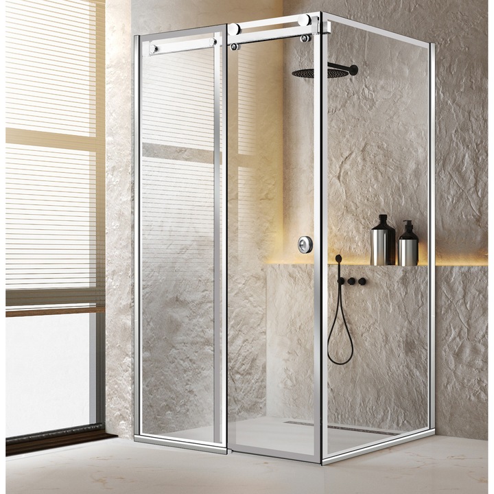 Cabina dus cu usa glisanta Glissando Pure Inox, model Frame incolor, feronerie full inox, sticla clara, securizata, 90x110 cm, inaltime 205 cm