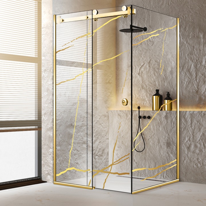 Cabina dus cu usa glisanta Glissando Pure Gold, model Marble auriu, feronerie full inox auriu, sticla clara, securizata, 90x110 cm, inaltime 205 cm