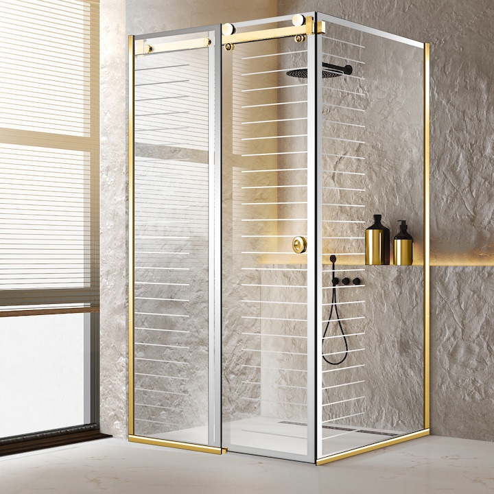 Cabina dus cu usa glisanta Glissando Pure Gold, model Supreme incolor, feronerie full inox auriu, sticla clara, securizata, 80x110 cm, inaltime 205 cm