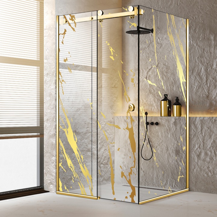 Cabina dus cu usa glisanta Glissando Pure Gold, model Rock auriu, feronerie full inox auriu, sticla clara, securizata, 90x110 cm, inaltime 205 cm