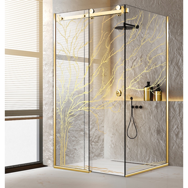 Cabina dus cu usa glisanta Glissando Pure Gold, model Tree auriu, feronerie full inox auriu, sticla clara, securizata, 90x140 cm, inaltime 205 cm