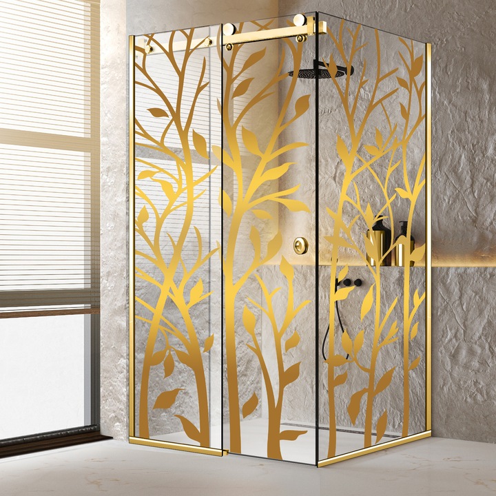 Cabina dus cu usa glisanta Glissando Pure Gold, model Wood auriu, feronerie full inox auriu, sticla clara, securizata, 80x90 cm, inaltime 205 cm